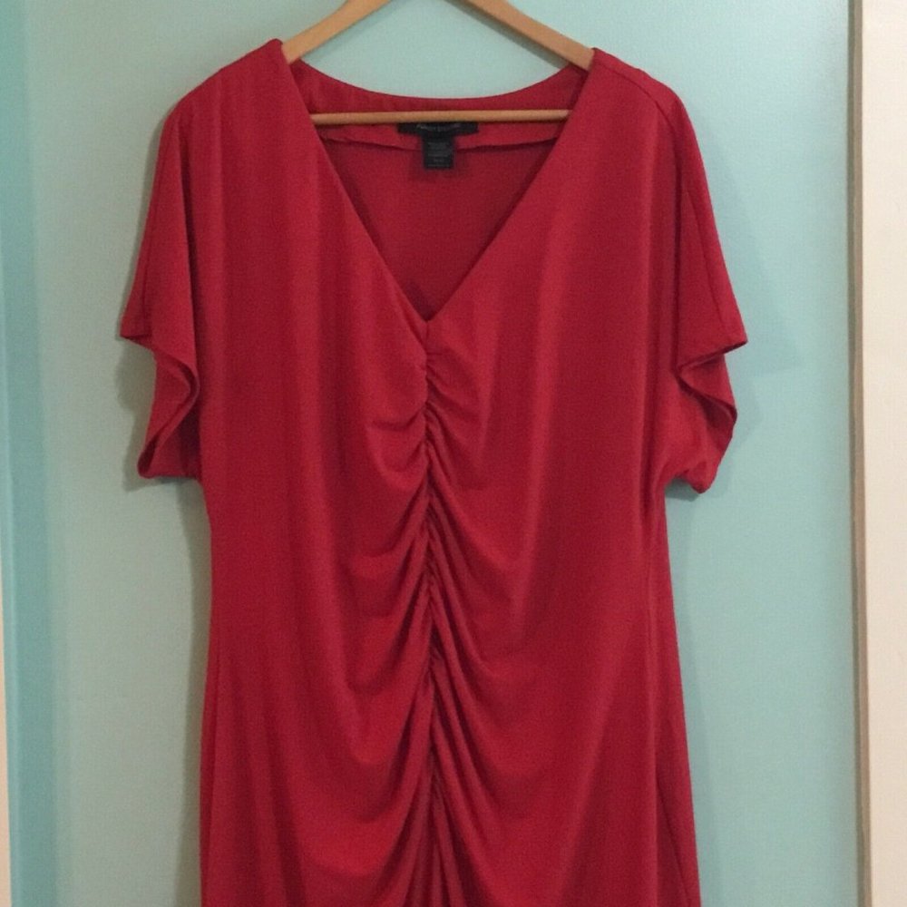 Ashley Stewart Gathered Dress  Women’s Plus Size 18/20 Red  Short Sleeve  V Neck